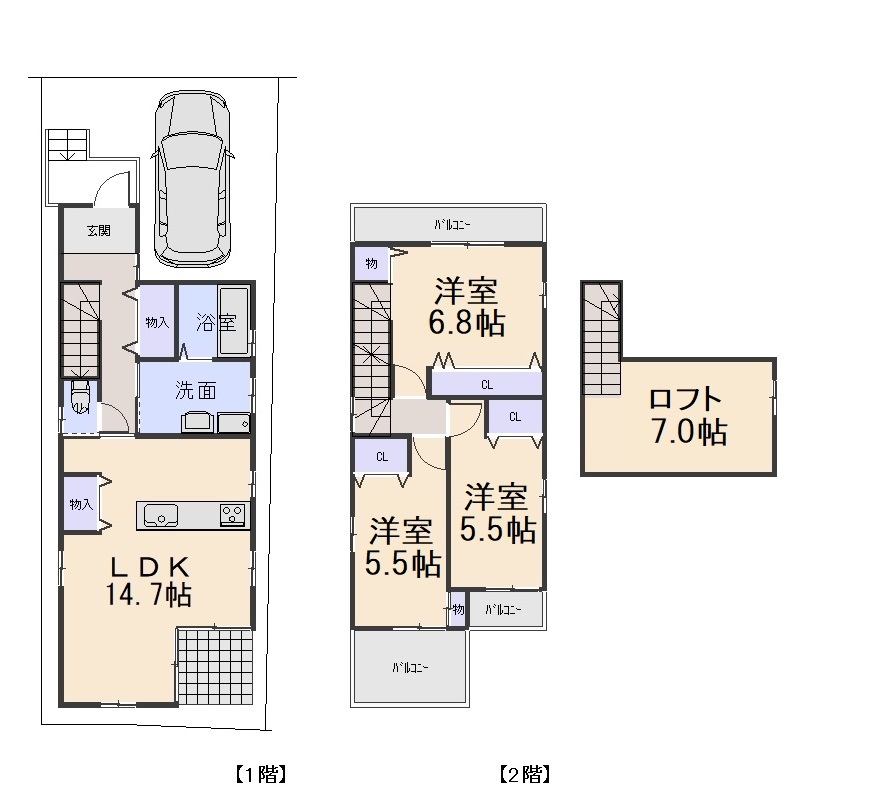 建物プラン：建床面積83.43㎡（1階44.55㎡、2階38.88㎡）