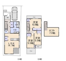 建物プラン：建床面積83.43㎡（1階44.55㎡、2階38.88㎡）